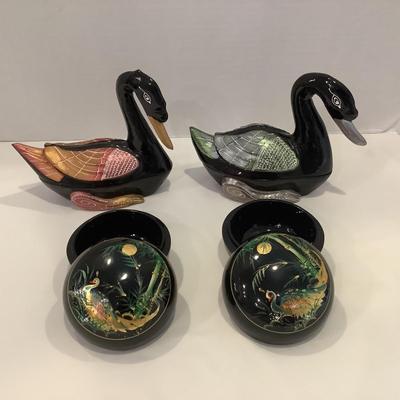 235 Mandarin Lacquered Duck Trinket Boxes with Two Round Covered Peacock Boxes