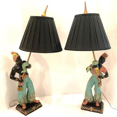 236 Pair of Vintage Blackamoor Chalkware Nubian Light 1940's Lamps