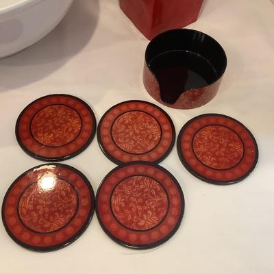 237 Red and White Decorative Bowls Lacquered Vase and Coasters