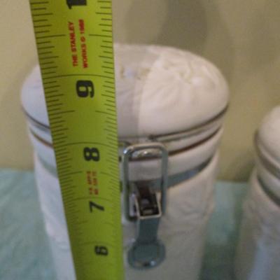 Set of Three Ceramic Kitchen Canisters with Bale Top Lids