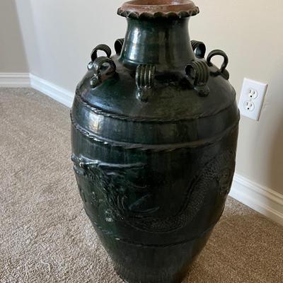 Indonesian Martaban Storage Pottery Dark Green Jar Dragon Design