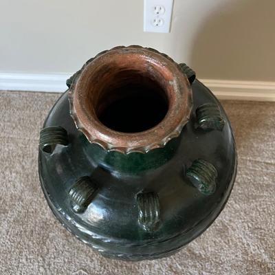 Indonesian Martaban Storage Pottery Dark Green Jar Dragon Design