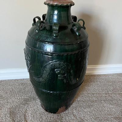 Indonesian Martaban Storage Pottery Dark Green Jar Dragon Design