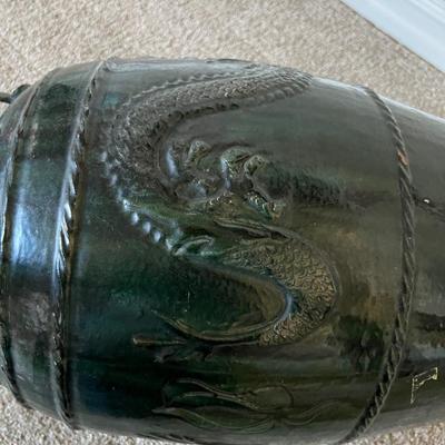 Indonesian Martaban Storage Pottery Dark Green Jar Dragon Design