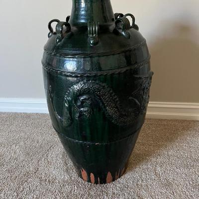 Indonesian Martaban Storage Pottery Dark Green Jar Dragon Design