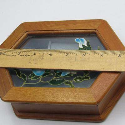 Gunther Mele Hinged Wood Jewelry Box Stained Glass Flowers Lid Blue Lining 1976