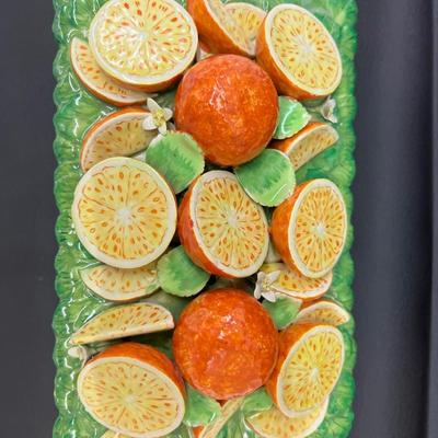 Tangerine Basket Ceramic Majolica 10" Lovely Art Centerpiece