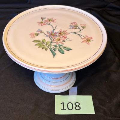 1800s Salver Cake Stand Milk Glass w/ Flowers