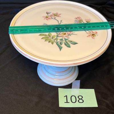 1800s Salver Cake Stand Milk Glass w/ Flowers