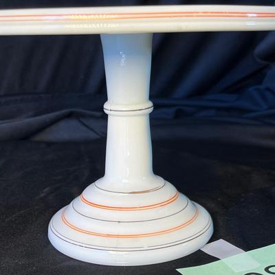 1800s Salver Cake Stand Milk Glass w/ Flowers