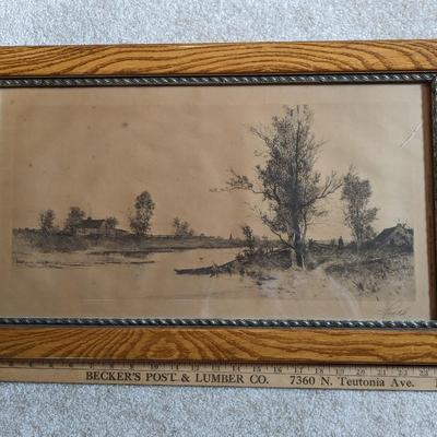 Antique c1890 E L Field Signed Framed Etching