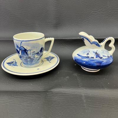 Vintage Delfts Handpainted Blue White Holland Ceramic Windmill Pitcher Cup and Saucer