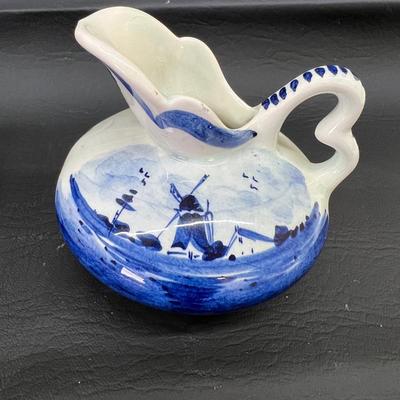 Vintage Delfts Handpainted Blue White Holland Ceramic Windmill Pitcher Cup and Saucer