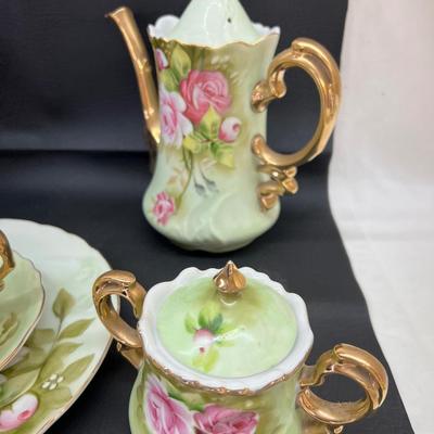 Vintage Lefton Heritage Green Rose China Tea Set Pitcher Creamer Sugar Cup Saucer Plate
