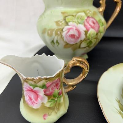 Vintage Lefton Heritage Green Rose China Tea Set Pitcher Creamer Sugar Cup Saucer Plate