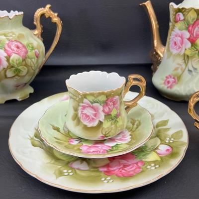 Vintage Lefton Heritage Green Rose China Tea Set Pitcher Creamer Sugar Cup Saucer Plate