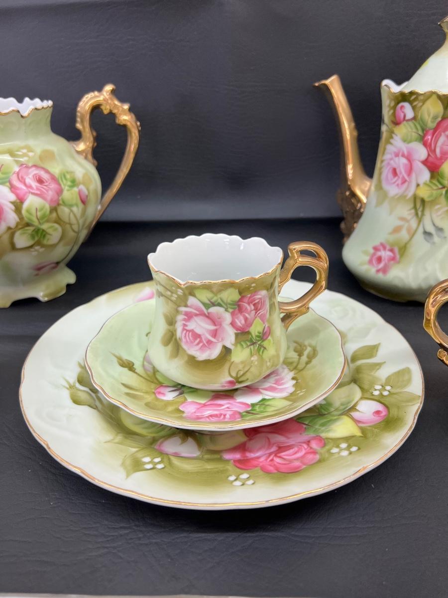 Vintage Lefton Heritage Green Rose China Tea Set Pitcher Creamer