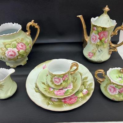 Vintage Lefton Heritage Green Rose China Tea Set Pitcher Creamer Sugar Cup Saucer Plate