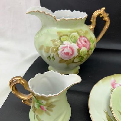 Vintage Lefton Heritage Green Rose China Tea Set Pitcher Creamer Sugar Cup Saucer Plate