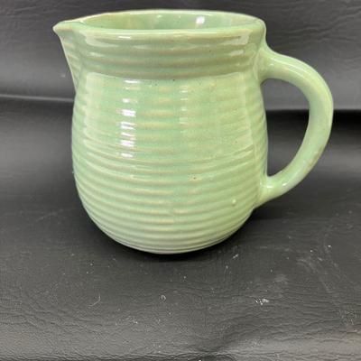 Vintage Monmouth USA Green Stoneware Maple Leaf Beehive 1930's 16 oz. Syrup Pitcher