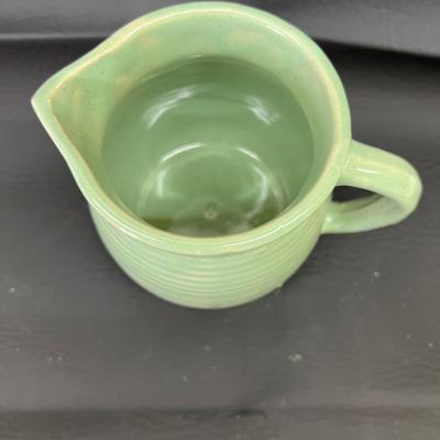 Vintage Monmouth USA Green Stoneware Maple Leaf Beehive 1930's 16 oz. Syrup Pitcher