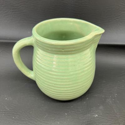 Vintage Monmouth USA Green Stoneware Maple Leaf Beehive 1930's 16 oz. Syrup Pitcher