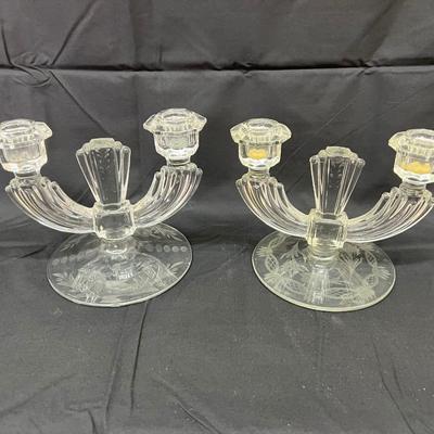 Vintage Art Deco Clear Glass Etched Candleholders
