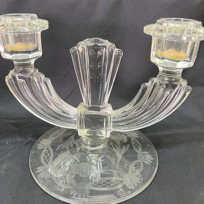 Vintage Art Deco Clear Glass Etched Candleholders