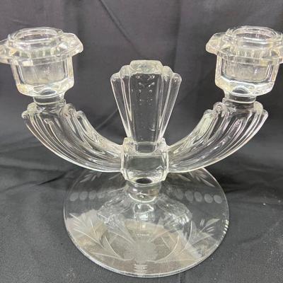 Vintage Art Deco Clear Glass Etched Candleholders