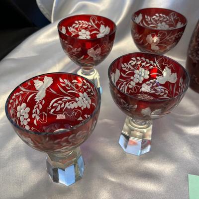 Bohemian Ruby Cut to Crystal Decanter Set