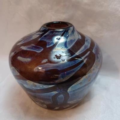 Vintage Studio Art Glass Iridescent Vase Signed S. West 1974 4.5"