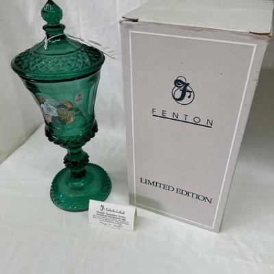Fenton Green Magnolia's and Berries Urn 13" #4602 with Box