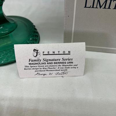Fenton Green Magnolia's and Berries Urn 13" #4602 with Box