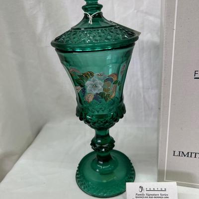 Fenton Green Magnolia's and Berries Urn 13" #4602 with Box