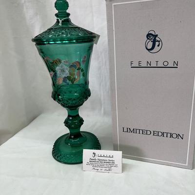 Fenton Green Magnolia's and Berries Urn 13" #4602 with Box