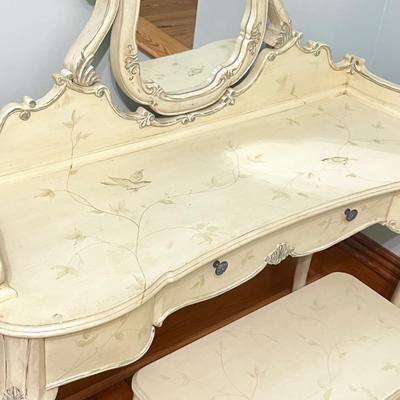 PULASKI FURNITURE ~ Antique White Vanity With Vine & Bird Design ~ Mirror & Matching Stool