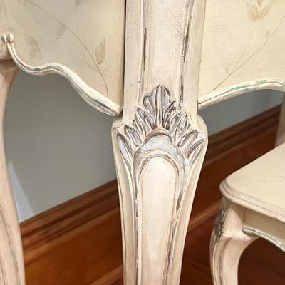 PULASKI FURNITURE ~ Antique White Vanity With Vine & Bird Design ~ Mirror & Matching Stool