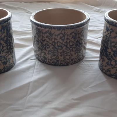 Set of 3 Blue Sponge Robinson Ransbottom Pottery 1 Quart Low Quart