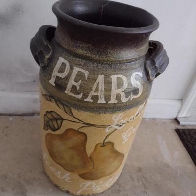 Pottery Milk Can Crock with PEARS Painted on Side