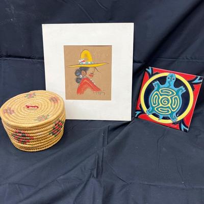 Aztec Lot Chris Fefferson Art Chalk Original, Italian Turtle 6"x6" Handpainted, Aztec Basket 4" x 6"