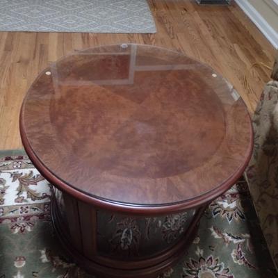 Solid Wood Round End Table with Lower Glass Encased Display Area