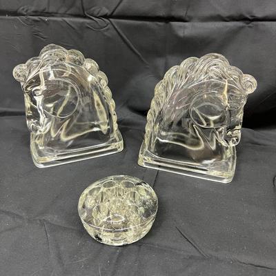 Vintage 6" Glass Horse Head Bookends and Glass Frog