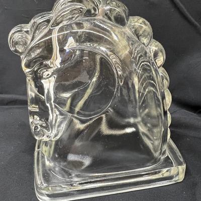 Vintage 6" Glass Horse Head Bookends and Glass Frog