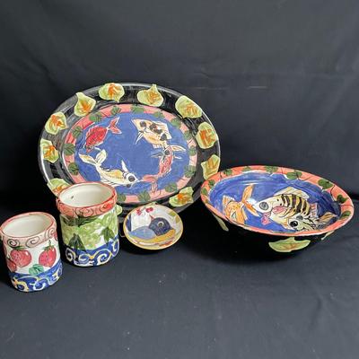 Hand Painted, Signed Ceramic Bowls, Platter and Jars (K-CE)