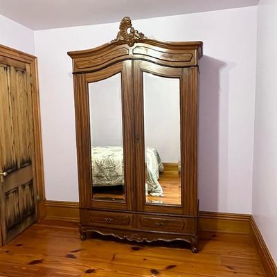 3-Piece Solid Wood Armoire With Beveled Edge Mirrored Front