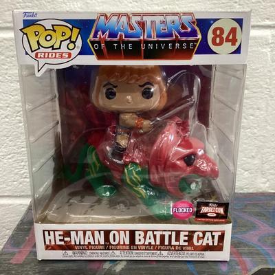 Funko pops masters of the universe 84 he man on battle cat flocked