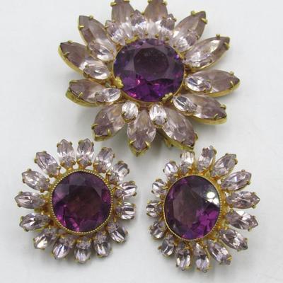 Lot of Matching Purple Motif Flower Costume Jewelry Earrings and Matching Lapel Pin
