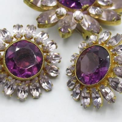 Lot of Matching Purple Motif Flower Costume Jewelry Earrings and Matching Lapel Pin