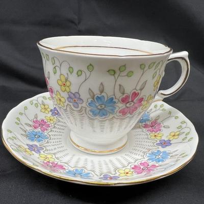 Tuscan Fine English Bone China Floral Bright Cheeful Cup and Saucer Gold Trimmed Numbered Made in England