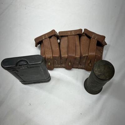 WW 2 German Ammo Belt Holder German Gun Cleaning Box Insignia Swastika and Ammo Container Cylinder